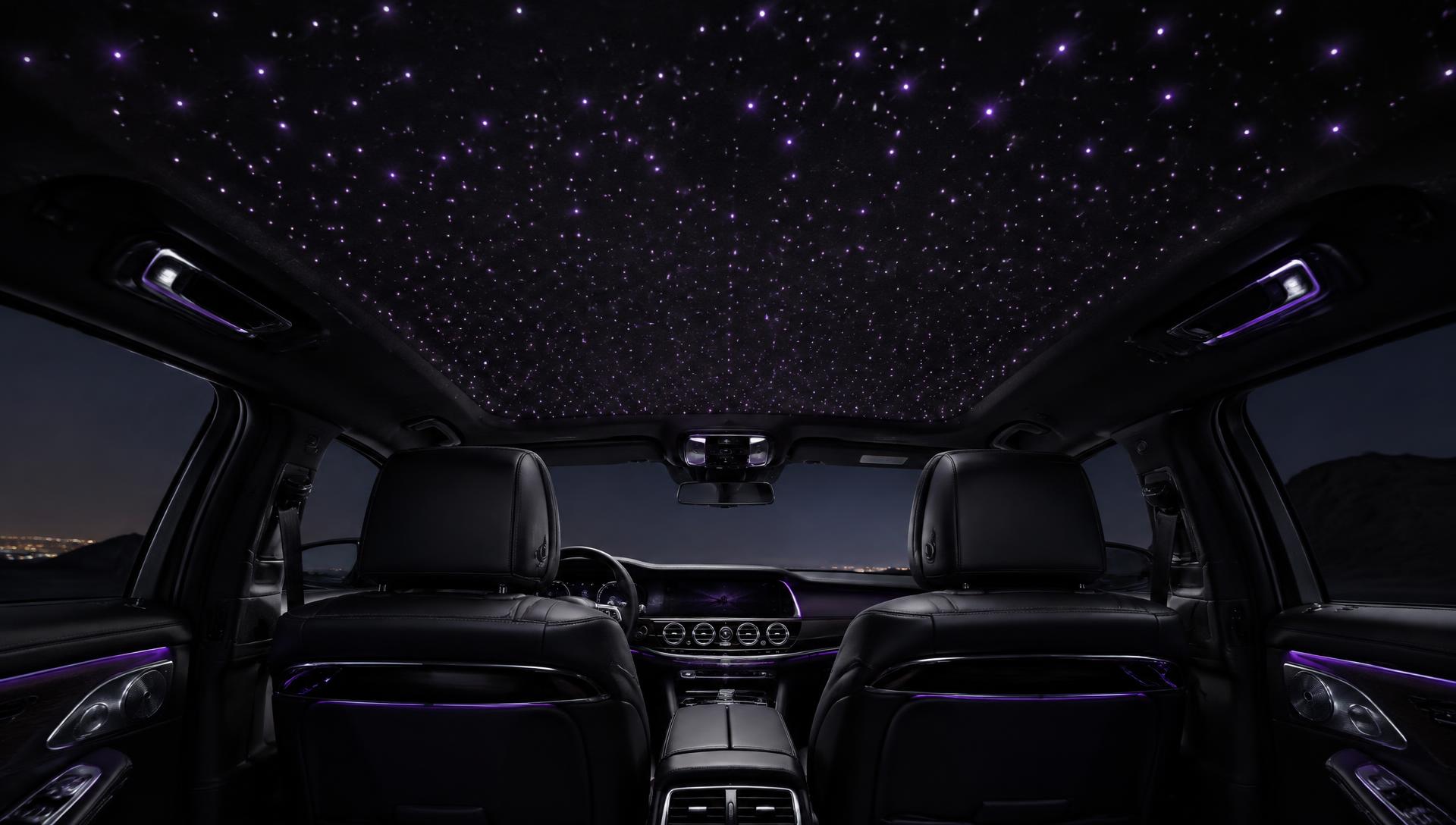 Luxury black leather car interior with a glowing purple fiber-optic starlight headliner